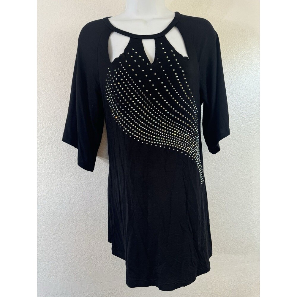 Liberty Wear Women’s Shirt Slit Neck Rhinestone Whimsigoth Fairy Black Small